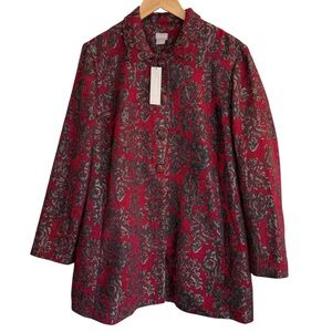New Chico’s Red Floral Jacquard Topper Jacket Coat Button Front Size 3/Large-16